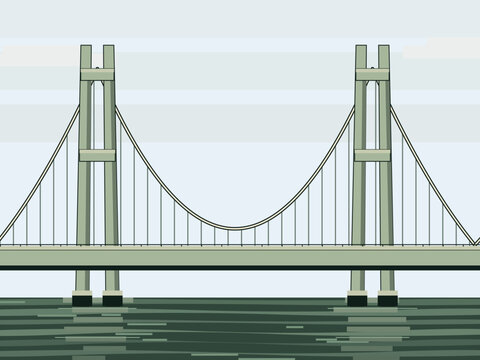 Suspension Bridge Waterfront In Retro Poster Colors