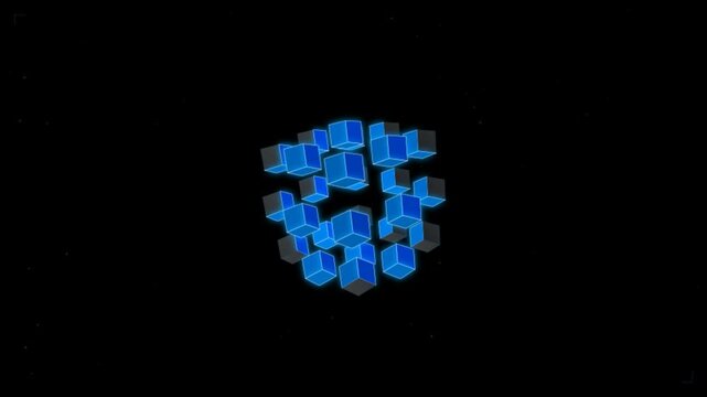 Abstract 3D Motion Graphic Featuring Glowing Blue Cubic Particles Rotating On A Dark Black Backgroun