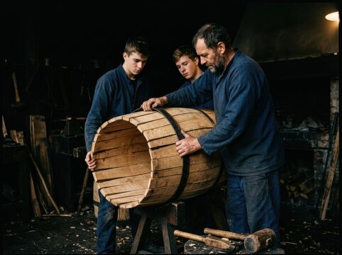 Barrel Makers Shaping a Wooden Cask in a Traditional Workshop