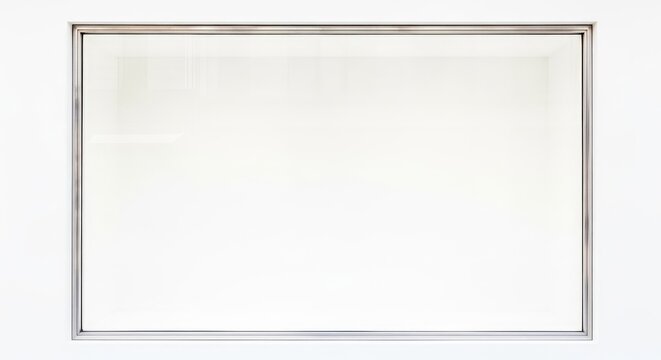 A minimalist empty storefront display window featuring a pristine clean white background and sleek metal frame, perfect for retail mockups, property, retail, entrance