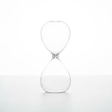 A minimalist transparent glass sand timer sits isolated on a bright white surface, featuring an elegant symmetrical shape and no sand, white, tool, still