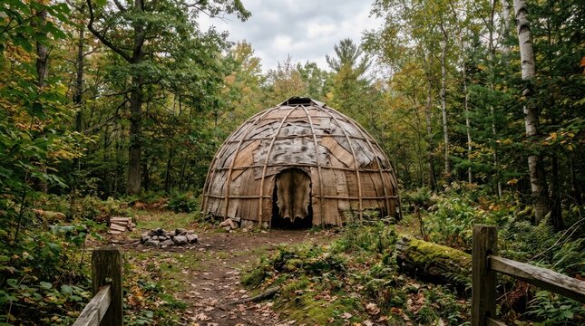 A traditional Native American wigwam in a forest setting.