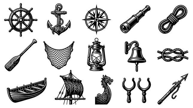 Vintage Nautical Marine Sailing Icons Set. Engraved Black and White Sea and Viking Elements