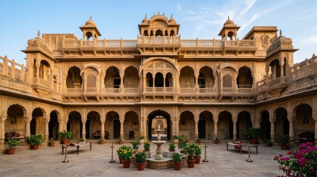A grand, ornate palace courtyard with intricate architectural details and lush greenery in the foreground.