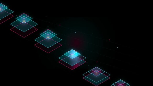 Abstract Geometric Motion Graphics Featuring Glowing Neon Squares Floating Through Dark Digital Spac