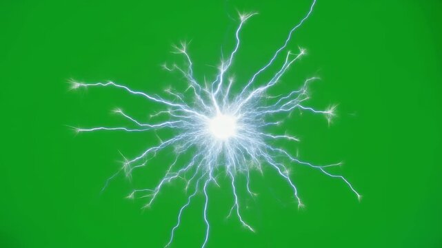 Bright electric discharge with radiating blue lightning strikes on a green screen background, perfect for visual effects