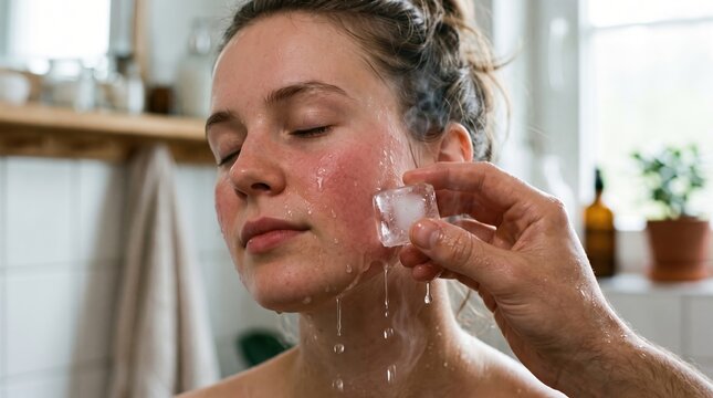 Woman applying ice cubes to face for skincare routine in cozy bathroom