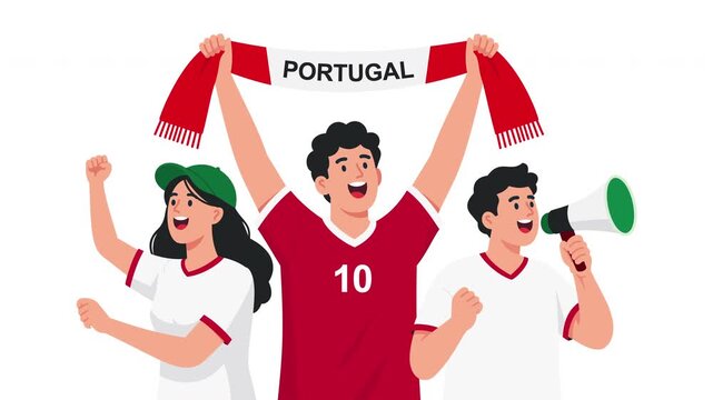 Animated Portuguese football fans celebrating victory with Portugal national colors, cheering supporters, fan scarf, soccer championship energy, team spirit and festive sports atmosphere, soccer fans