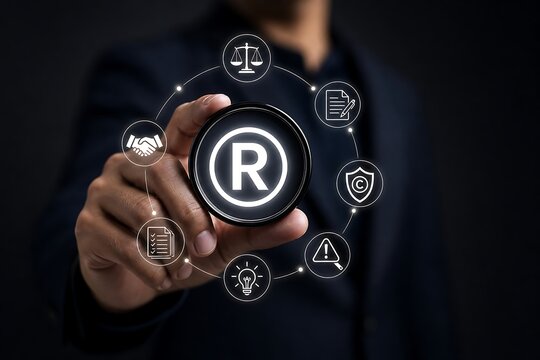 Businessman touching registered trademark symbol surrounded by legal and copyright business icons
