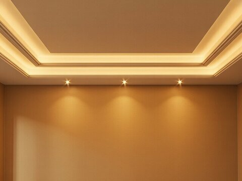 Recessed ceiling with cove lighting and downlights on a plain beige wall