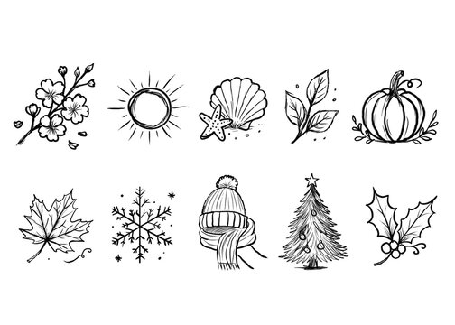 Four seasons hand drawn doodle set, sketch style spring flower, summer sun, autumn pumpkin leaf, winter snowflake icons, black and white line art illustration