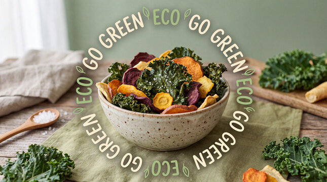 Eco veggie kale chips typography frame banner showcases fresh ingredients