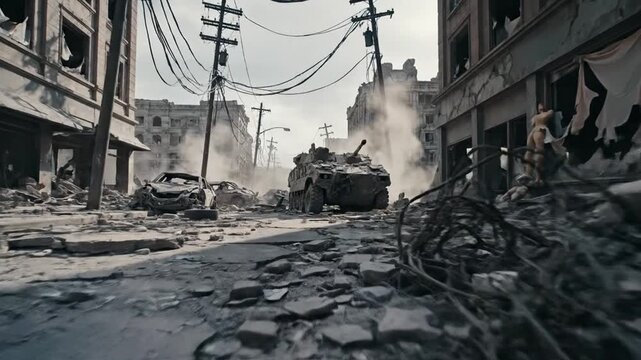 A military tank rolls through a devastated city street filled with rubble and smoke after a conflict.