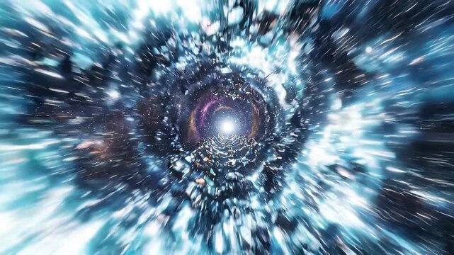 Abstract relativistic spacetime continuum tunnel with luminous blue turquoise energy, cosmic motion, swirling stars, radiant particles, futuristic depth, and dramatic wonder through energetic journey