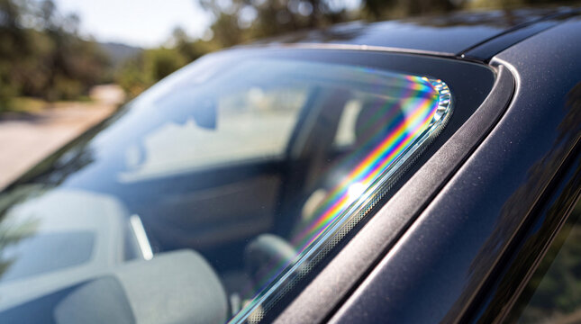 Macro photo of panoramic car glass with cerium uv protection filter