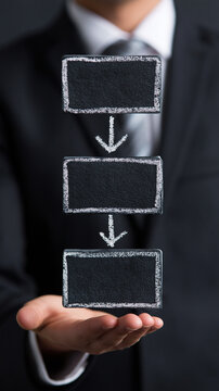Businessman in a suit presenting flowchart concepts with chalkboard boxes.