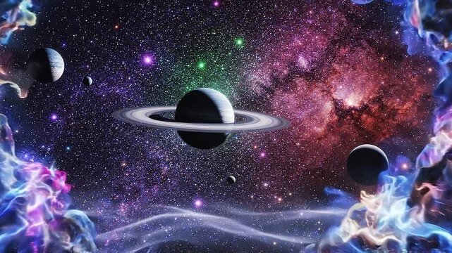 Cosmic Ringed Planet and Distant Moon in Colorful Nebula, Luminous Relativistic Spacetime Rift, Galaxy Stars, Blue Violet Energy and Celestial Stardust in Deep Space