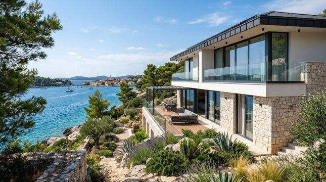 A modern, luxurious villa with a stunning view of the sea and mountains.