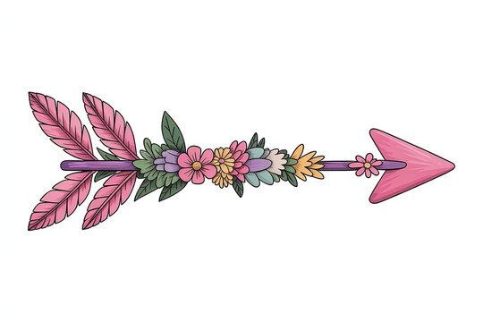 Hand-drawn arrow with pink feathers, colorful flowers, and leaves