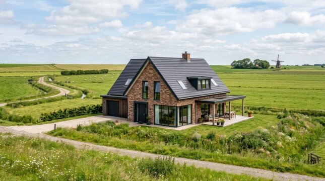 A modern, brick and glass house with a black roof and a windmill in the background, surrounded by green fields and a cloudy sky.