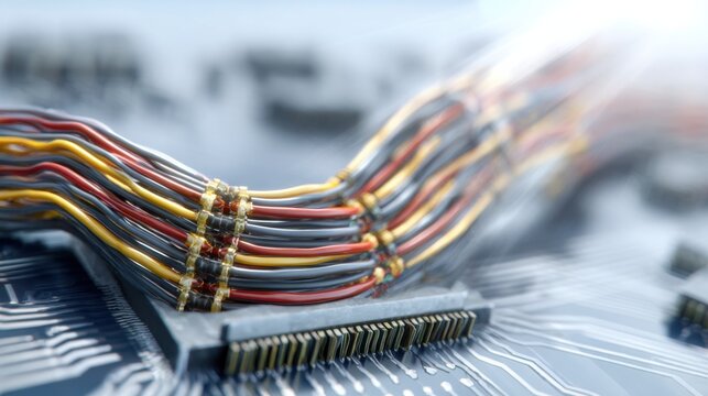Close-up of connected electronic wires and circuit board interface