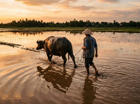 Water Buffalo Herder in a Flooded Rice Field at Sunset