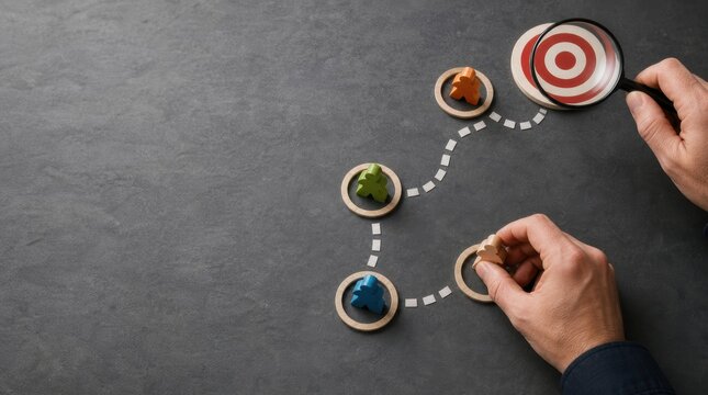 goal setting motivation evaluation. A person arranges colorful chess pieces on a path leading to a target, symbolizing strategy and goal achievement.