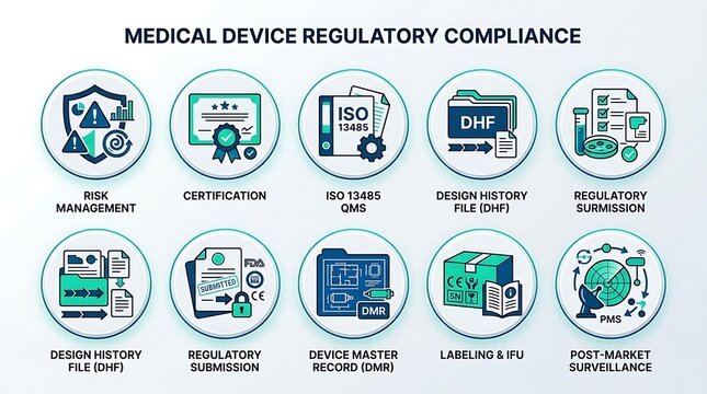 Comprehensive Infographic Set Illustrating Essential Healthcare Product Regulatory Compliance and Quality Management System Processes