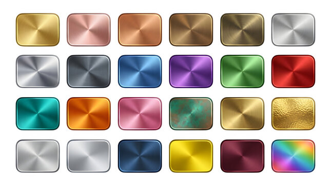 Set of colorful metallic buttons with circular brushed texture on a black background