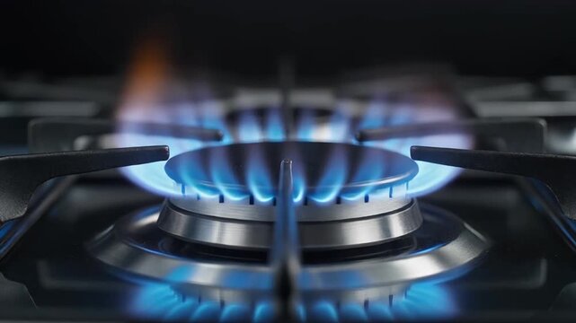 Macro close-up video of a pristine modern gas stove igniting with a bright blue flame in slow motion. The flame bursts to life on the polished metallic burner and glass surface