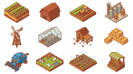 Professional Isometric of Diverse Agricultural and Farming Equipment and Scenes in Warm Earthy Tones © Olga