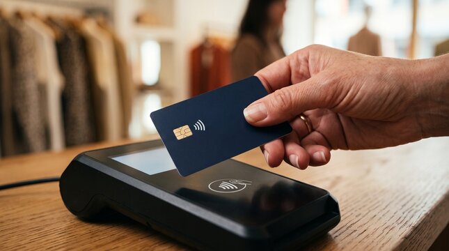 Close-up of hand holding a contactless credit card above a payment terminal in a modern retail store