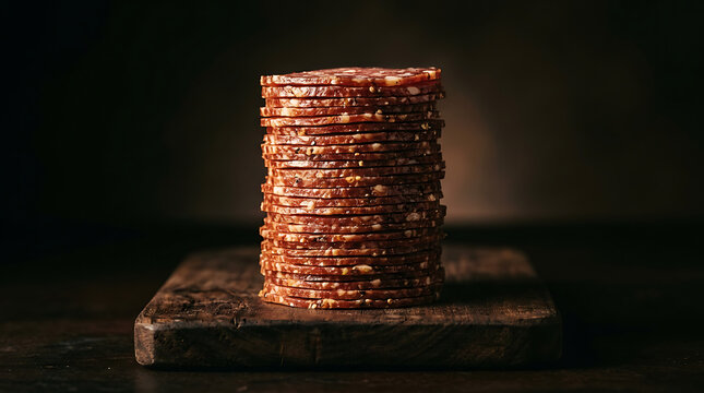 A tall stack of sliced cured salami resting on a rustic wooden board in dim lighting