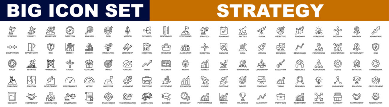 Strategy icon set, planning, tactics, vision, objective, roadmap, foresight, decision, priority and advantage. Editable linear icon collection, vector illustration.