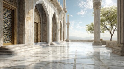 Fototapeta premium Majestic Marble Mosque Courtyard with Sunlit Arches and Reflective Floors