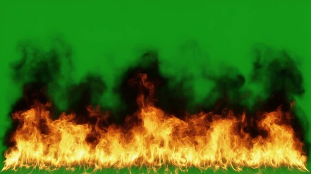 Realistic fire flames burning with black smoke on green screen background for cinematic VFX and video editing overlay effects