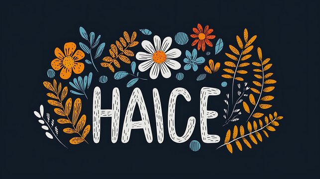 Floral typography illustration featuring the word HAICE on dark blue.