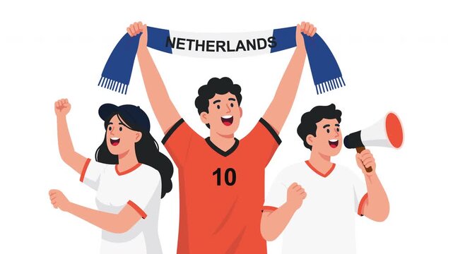 Animated Dutch football fans celebrating victory with Netherlands national colors, cheering supporters, fan scarf, soccer championship energy, team spirit and festive sports atmosphere, soccer fans