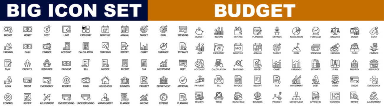 Budget icon set, income, expense, planning, savings, allocation, forecast, balance, money and cost. Clean linear pictogram collection, editable vector illustration.