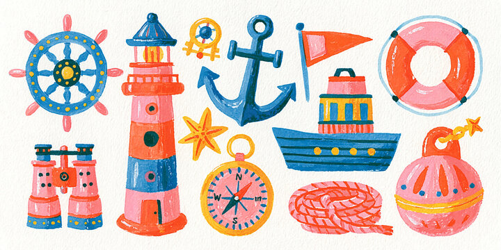 Colorful nautical themed illustrations with a lighthouse, anchor, and ship.