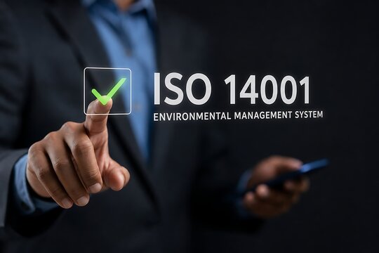 Business executive touching virtual screen with iso 14001 environmental management system