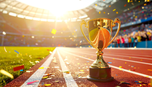Goldener Siegerpokal auf Laufbahn im Stadion