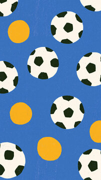 Colorful soccer ball pattern on a blue background with yellow circles.