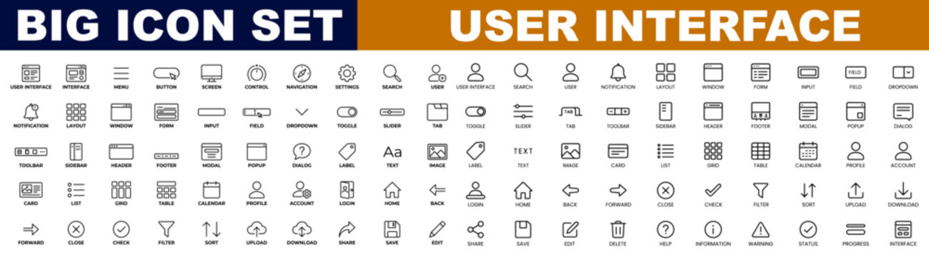 User Interface icon set, interface, menu, button, screen, control, navigation, settings, search, user and notification. Minimal line icon collection, vector illustration.