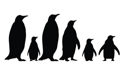 Obraz premium Penguin silhouettes arranged in a standing row present various species shapes isolated against a stark white backdrop for graphic design needs.