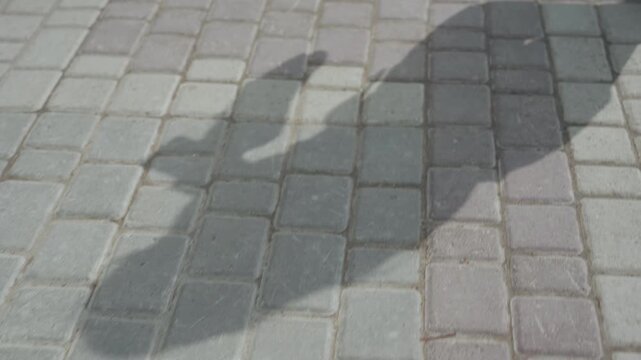 Close up of person legs and feet walking on gray cobblestone pavement showing shadow cast by their movement. scene focuses solely on lower body motion against outdoor urban background