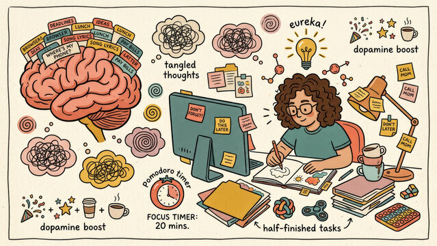 Concept illustration showing mental overload, tangled thoughts, procrastination and focus struggles with brain, sticky notes, pomodoro timer and messy desk.