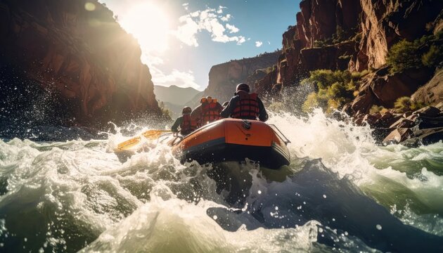 Rafting boat navigating white water rapids in a canyon.