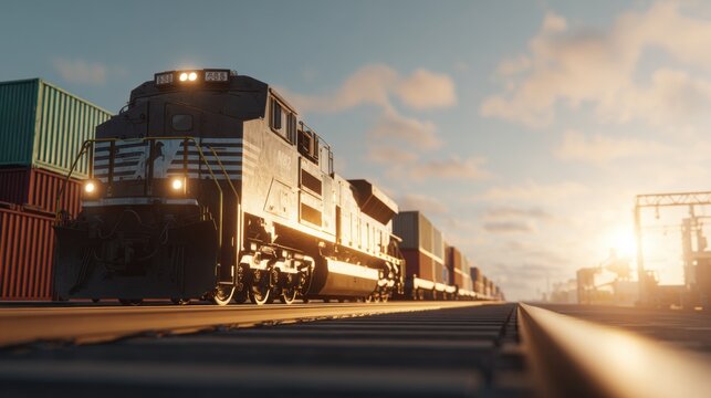 Powerful freight train engine with cargo containers on tracks at sunset