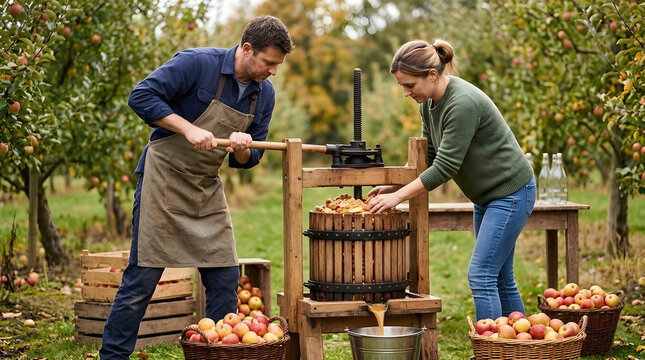 Man and woman operating a traditional wooden apple press in an autumn orchard to extract fresh juice, surrounded by crates and baskets of ripe harvested red and yellow apples.